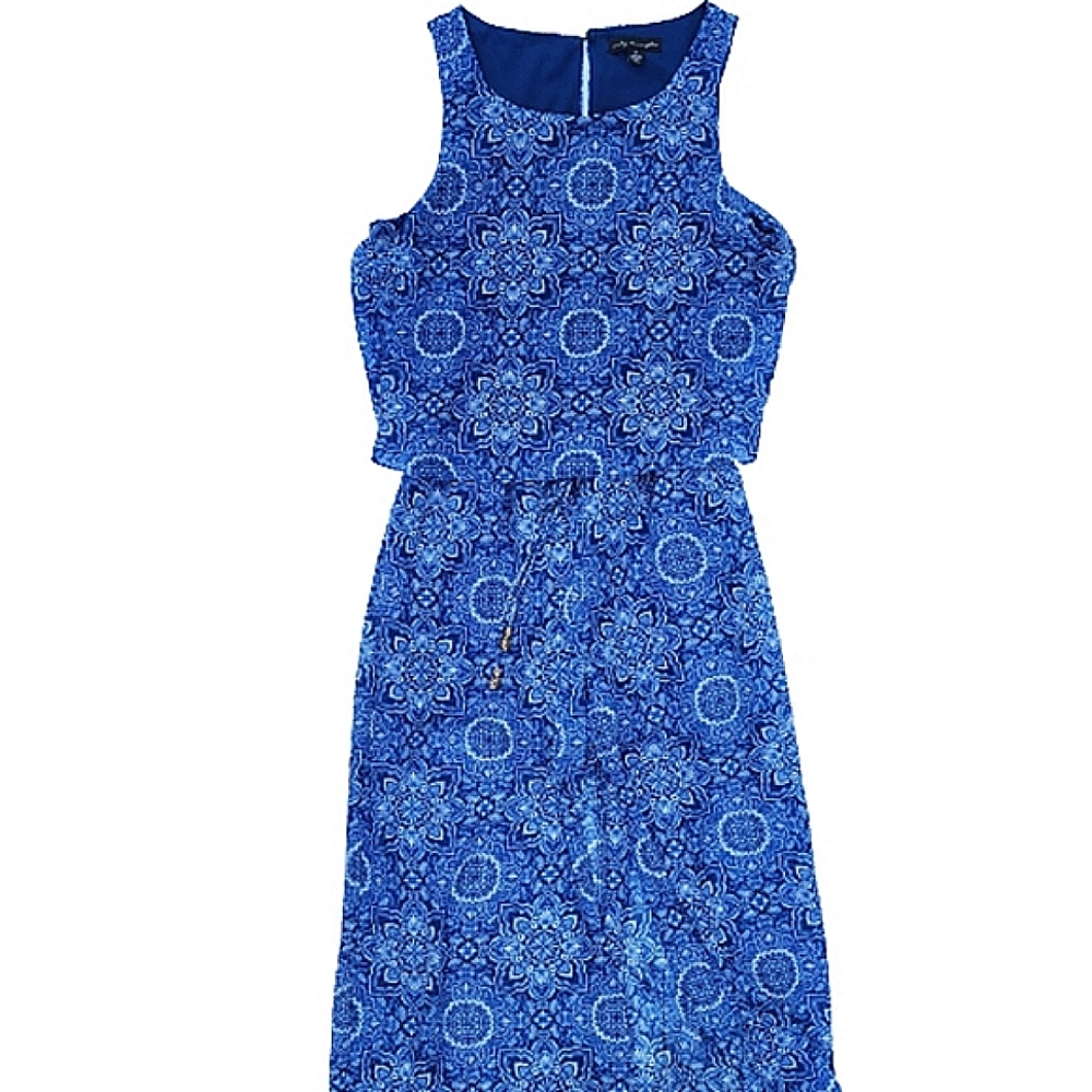 CITY TRIANGLES Sleeveless Blue White Floral Romper Dress Sheer Skirt Sz M
